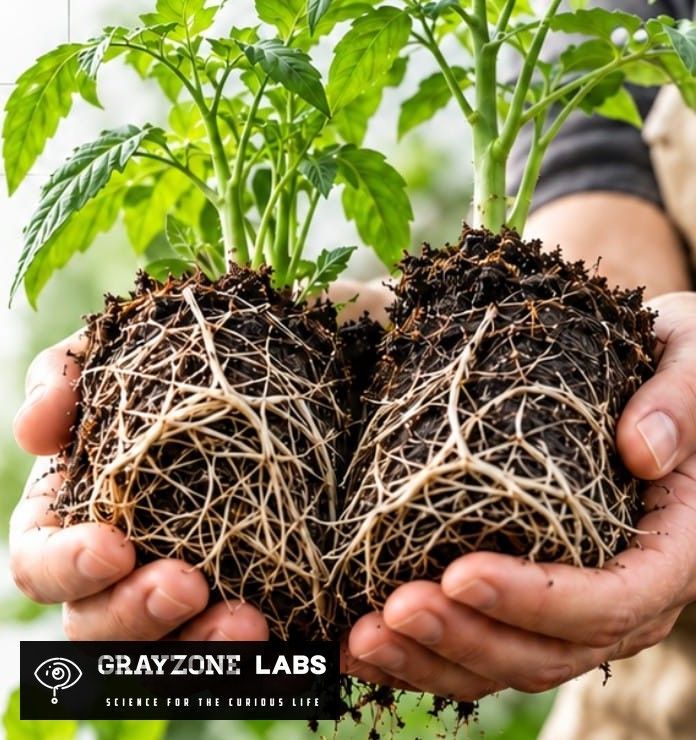 Zwei Wurzelballen mit Jungpflanzen in den Händen, GrayZone Labs