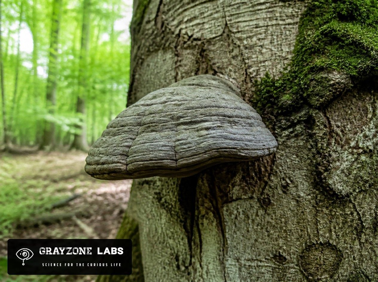 Zunderschwamm (Fomes fomentarius) wächst am Stamm einer Buche im Wald, GrayZone Labs