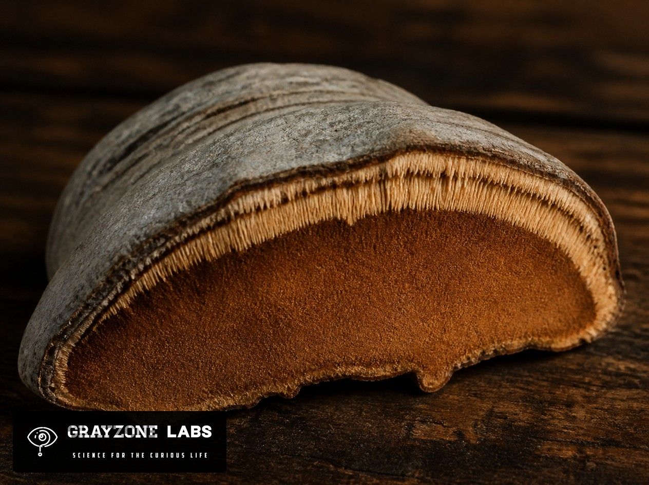 Aufgeschnittener Zunderschwamm mit zimtbrauner, filziger Trama und Röhrenschicht, GrayZone Labs
