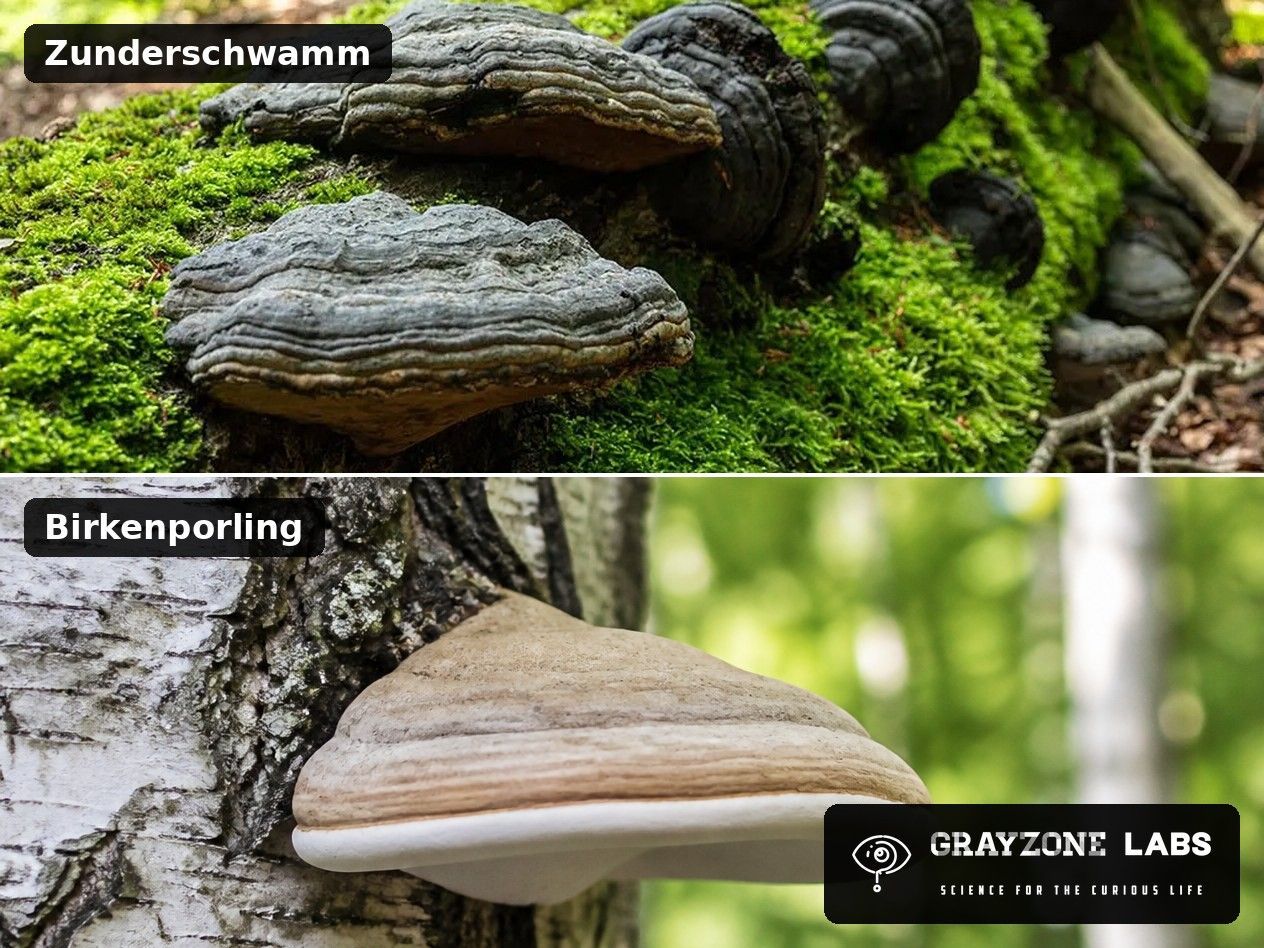 Zunderschwamm und Birkenporling im Vergleich: dunkle Konsolen oben, helle Konsole an Birke unten