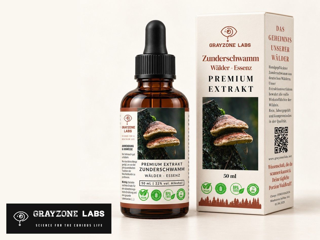 Zunderschwamm Tinktur 50 ml in Braunglasflasche mit Pipette neben Faltschachtel von GrayZone Labs