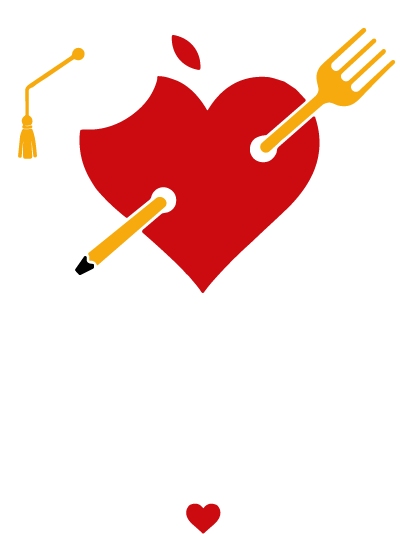 A Savage Foundation logo with a heart, pencil, graduation cap and fork.