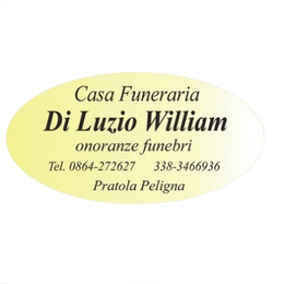 Yellow oval funeral home sign reading “Casa Funeraria Di Luzio William,” with phone numbers and “Pratola Peligna”