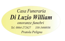 Yellow oval funeral home sign reading “Casa Funeraria Di Luzio William,” with phone numbers and “Pratola Peligna”