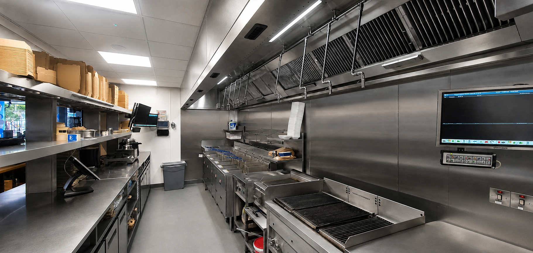 Commercial kitchen with stainless steel counters, shelves, and ventilation hood, viewed from the prep area.