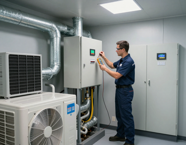 Technician adjusting control panel in a mechanical room with HVAC equipment and ductwork