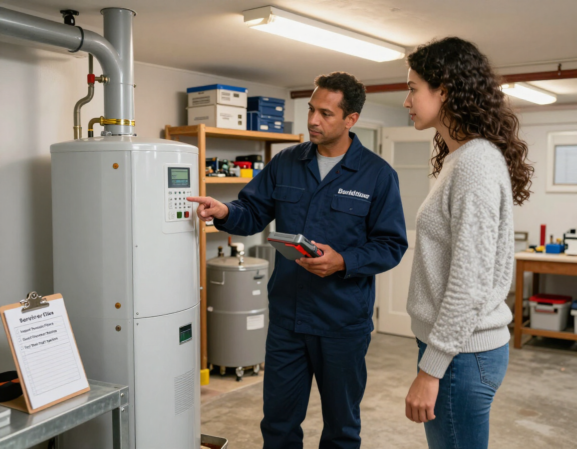 HVAC technician reviewing service details with a homeowner