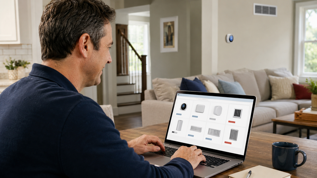 Man using a laptop on a couch in a bright living room