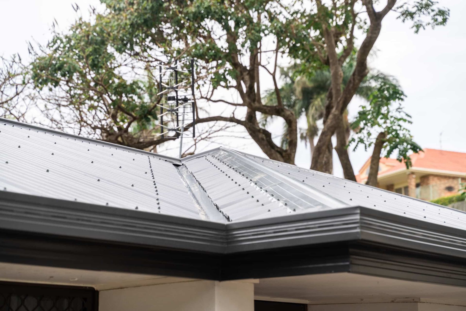 A low-angle view of a grey metal roof with dark gutters and trim, featuring an antenna against a backdrop of trees.