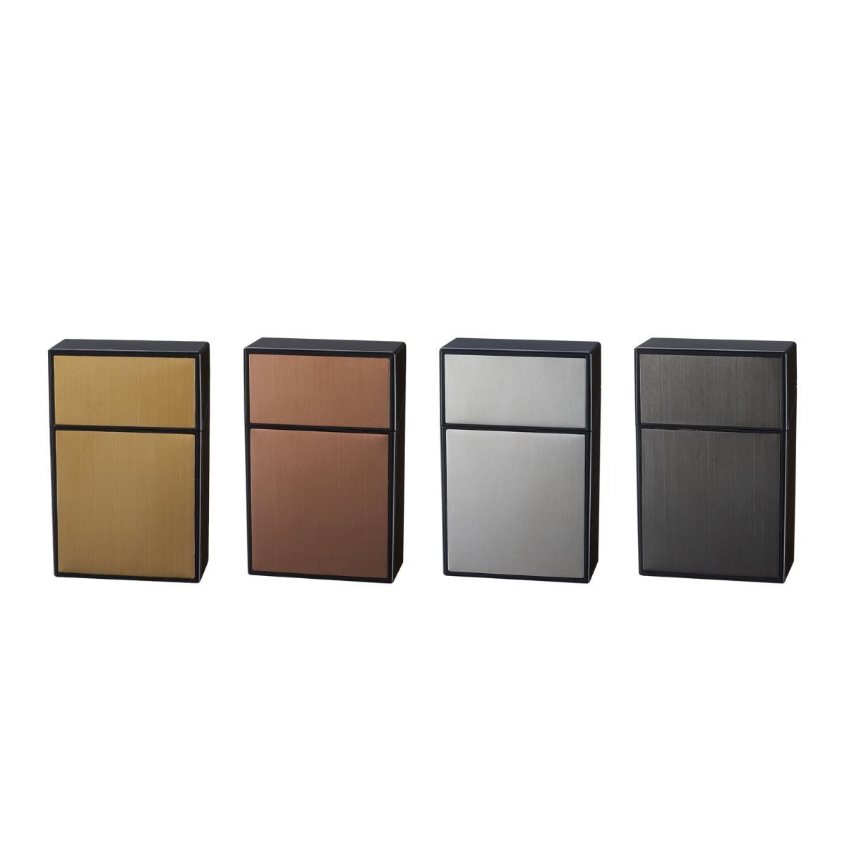 Presentatie van sigarettenetuis van het merk Champ in diverse metallic kleuren.