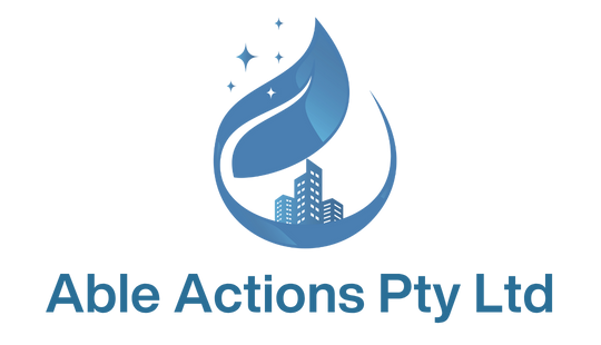 Blue droplet logo with city skyline and the text “Able Actions Pty Ltd”