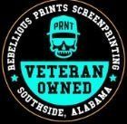 Veteran Owned print screening logo in black, teal, and beige, with Bellinger’s Prints and Outside, Alabama text