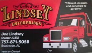 Lindsey Enterprises business card with red semi truck, Joe Lindsey contact info, and “efficient, reliable, and not afraid to get dirty” slogan