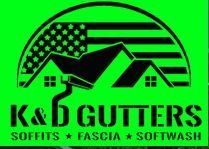 K&D Gutters logo in black on neon green, with roof, stars, and text “Soffits • Fascia • Softwash”