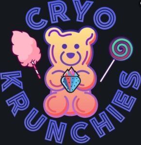 Neon teddy bear with ice cream cone and candy, surrounded by “CRYO KRUNCHIES” text on black background