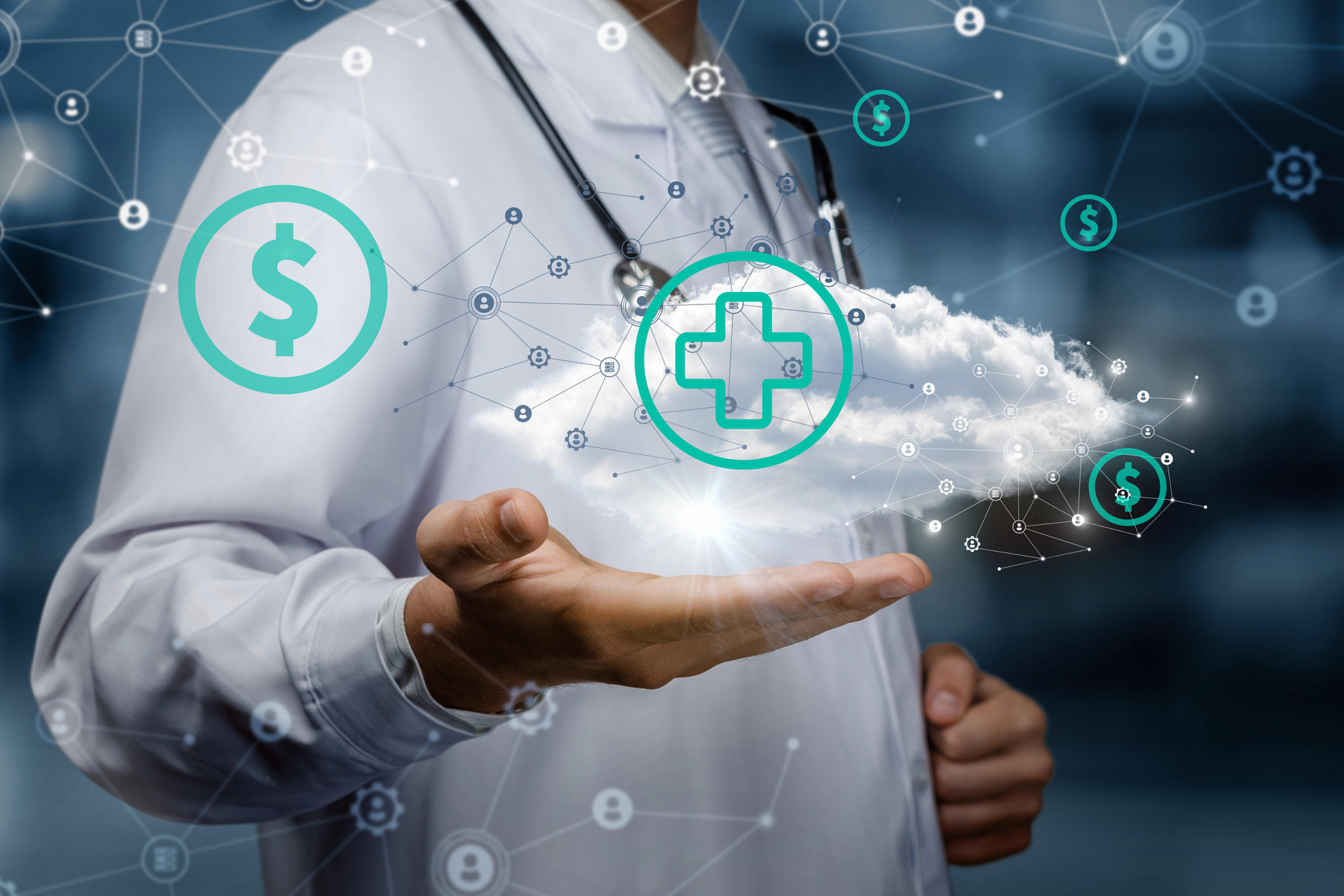 A doctor holding out his palm with a cloud hovering over it, representing web-based billing software.
