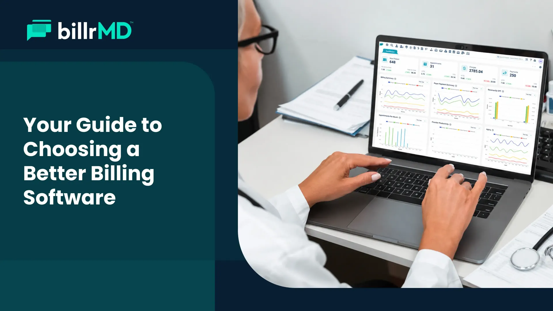 Practice manager reviewing a medical billing software dashboard on a laptop screen.