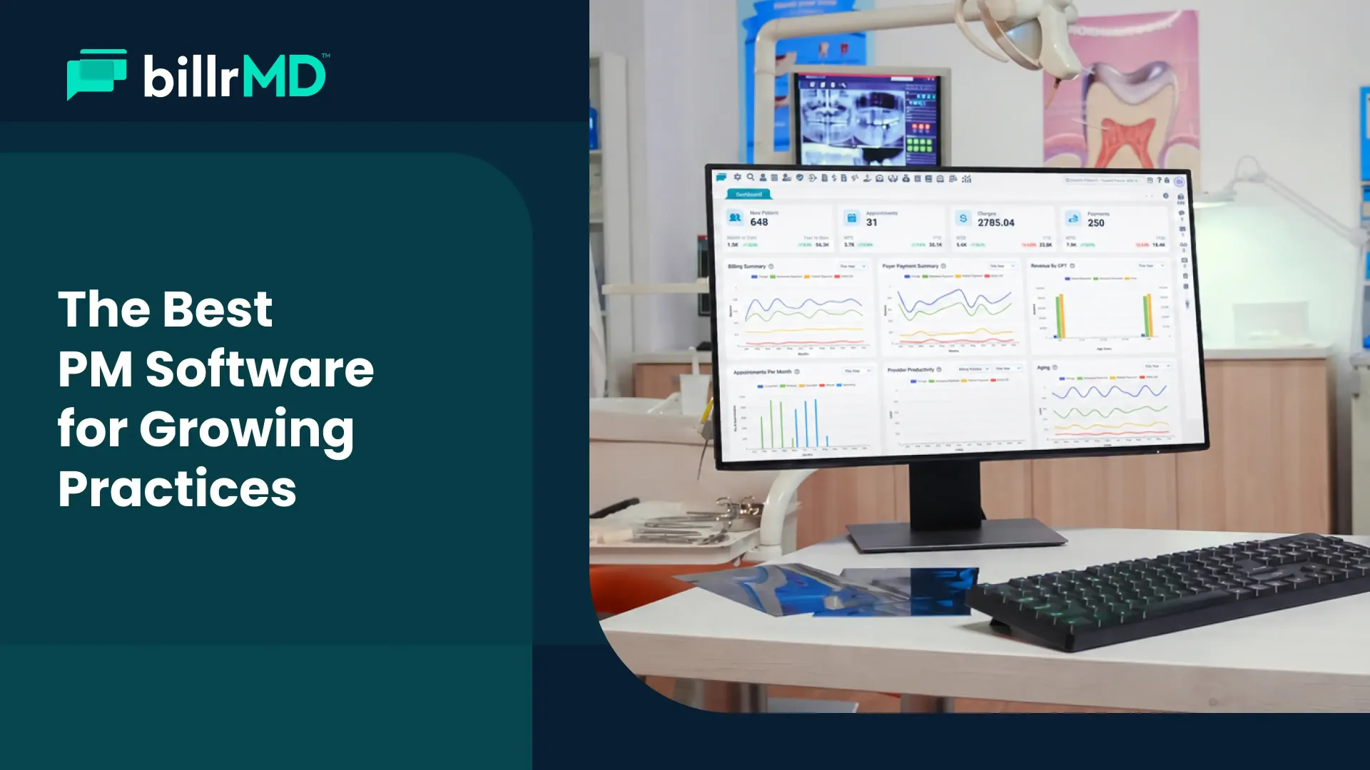 A Hispanic practice administrator reviewing a top practice management software dashboard in a growin
