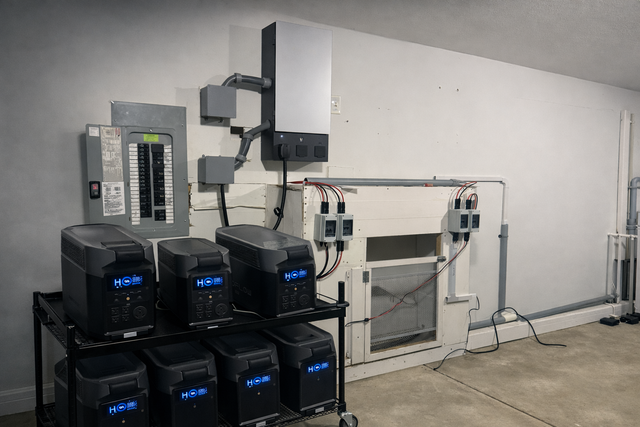 Industrial equipment and stacked black battery units in a utility room with exposed piping and wiring
