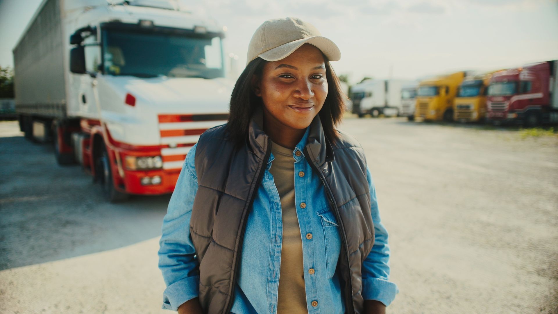 Woman in cap and vest stands by semi-truck, smiling at a truck yard.
