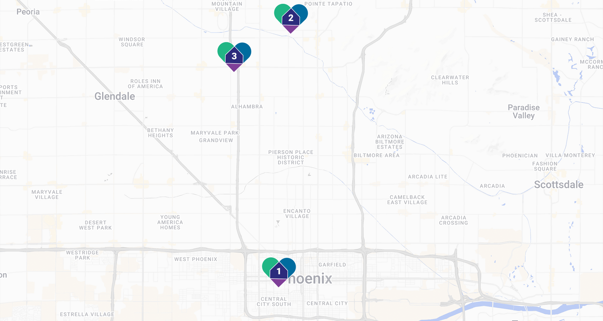 Map of Phoenix Metropolitan Area with numbered points.