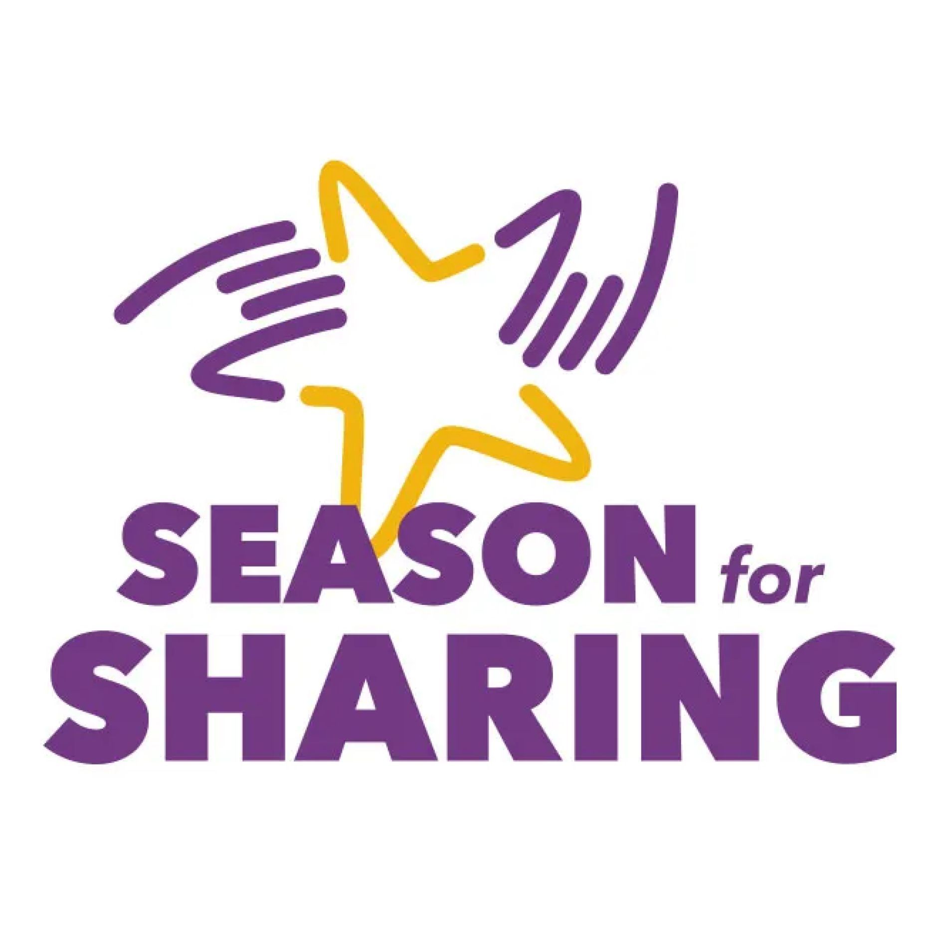 Season for Sharing logo. Purple and gold star with hands. Purple text on a white background.