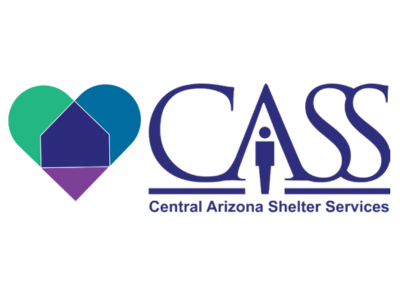 Logo for Central Arizona Shelter Services (CASS) featuring a heart-shaped design with a house and text in blue.