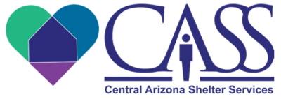 Logo for Central Arizona Shelter Services: heart-shaped house symbol with 
