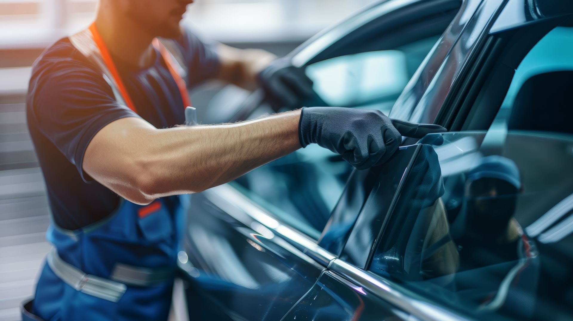 Person in blue workwear cleans a car window with a black cloth.