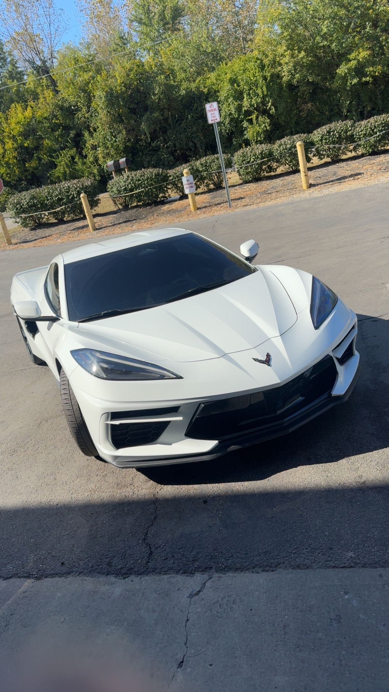 White sports car parked on a street, front view, with trees and a sidewalk in the background