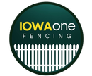 A dark green circle logo for "IOWAone FENCING" featuring yellow and white text above a white picket fence illustration.