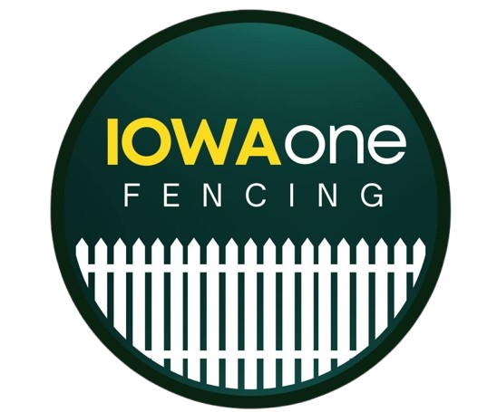 A dark green circle logo for "IOWAone FENCING" featuring yellow and white text above a white picket fence illustration.
