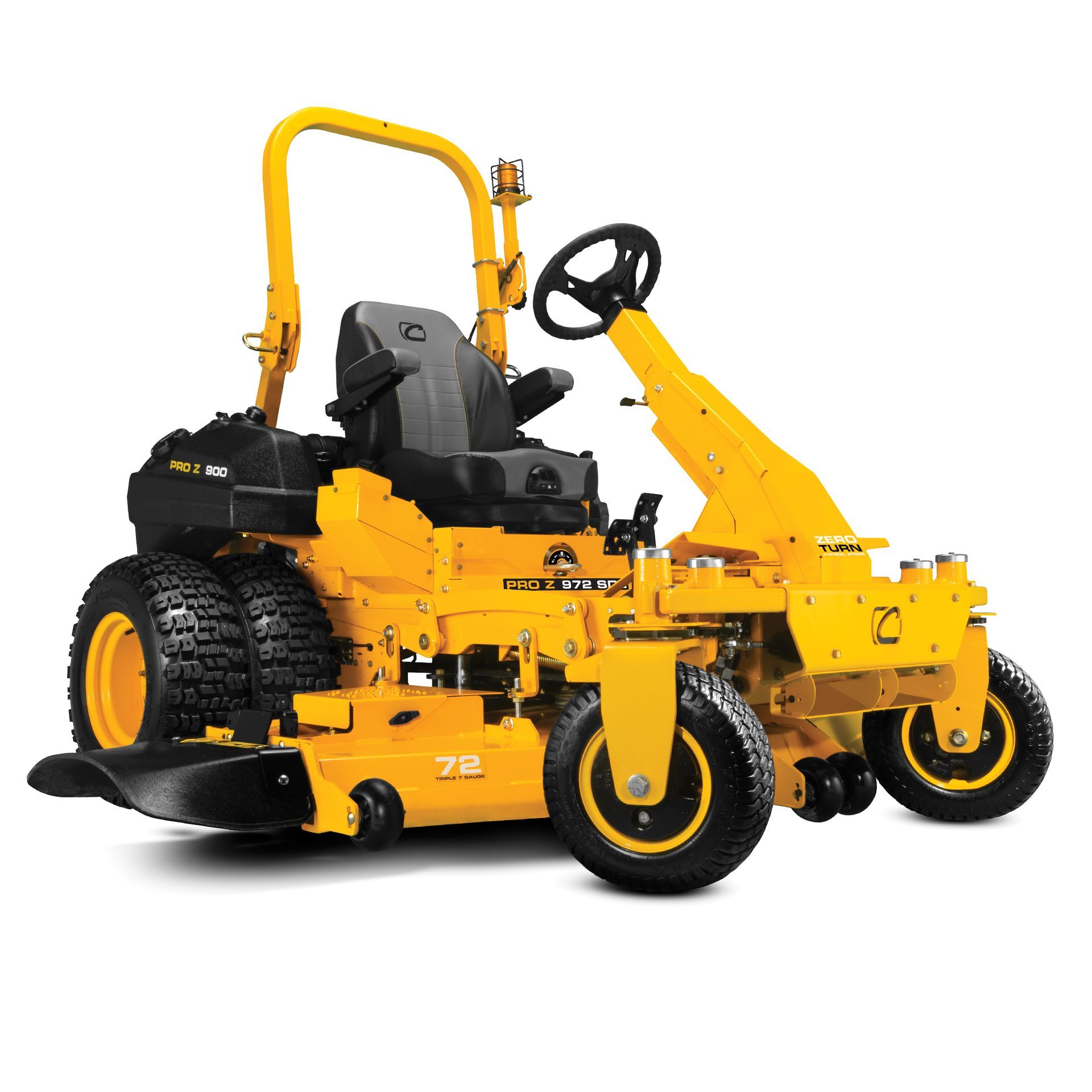 A Yellow Lawn Mower With a Steering Wheel on a White Background — Coffs Chainsaw and Mower in Coffs Harbour, NSW