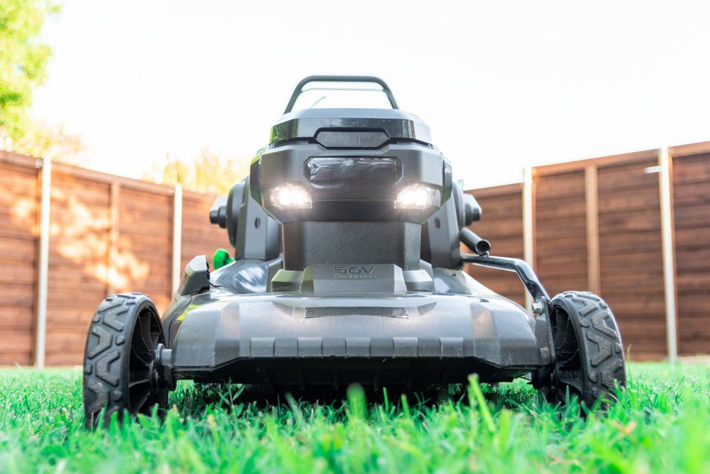 A Black Lawn Mower is Cutting a Lush Green Lawn — Coffs Chainsaw and Mower in Grafton, NSW