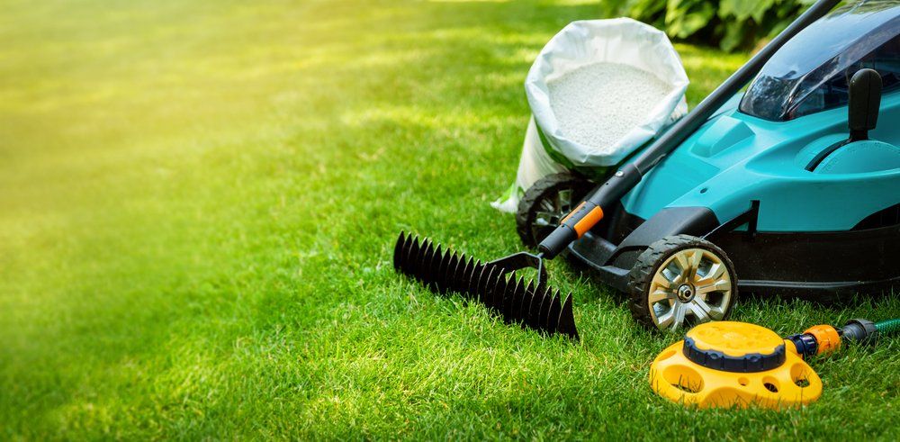 A Lawn Mower, Rake, and Sprinkler Are Sitting on Top of a Lush Green Lawn — Coffs Chainsaw and Mower in Macksville, NSW