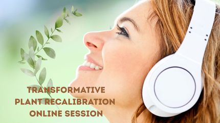 Woman wearing headphones, looking up, relaxed and full of life. With gum leaves. Title says Transformative Plant Recalibration Online Session