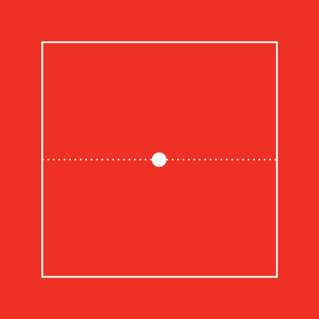 Red background with a thin white square outline and a dotted horizontal line through a white center dot.