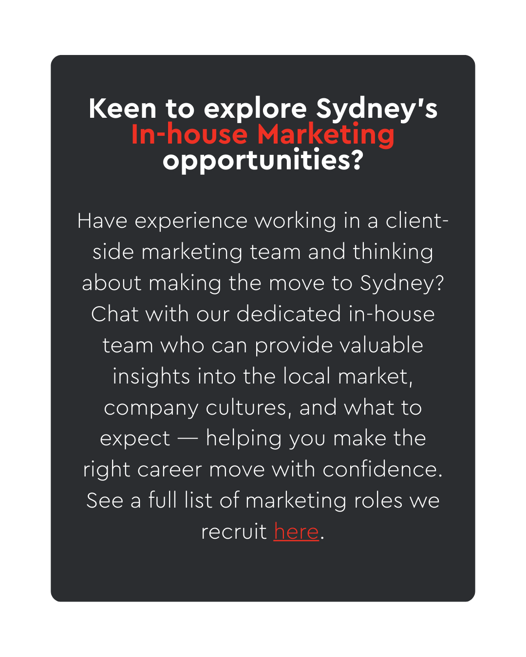 Dark promo card about Sydney in-house marketing jobs, with white and red text on a black background.