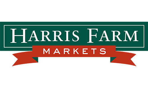 Harris Farm Markets logo in white text on a green banner with red ribbon accents