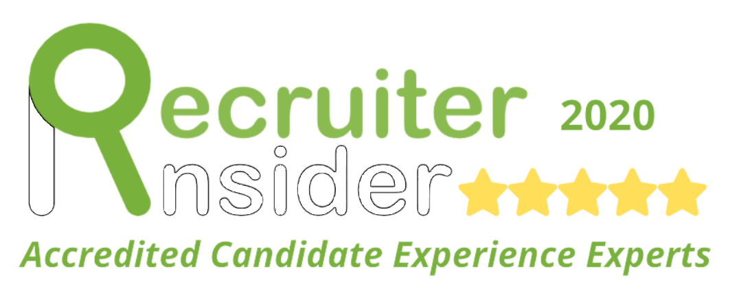 Recruiter Insider 2020 logo with green and gray text, gold stars, and “Accredited Candidate Experience Experts” tagline
