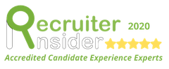 Recruiter Insider 2020 logo with green and gray text, gold stars, and “Accredited Candidate Experience Experts” tagline