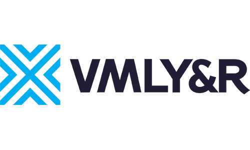 Blue geometric logo next to dark navy VMLY&R wordmark on a white background