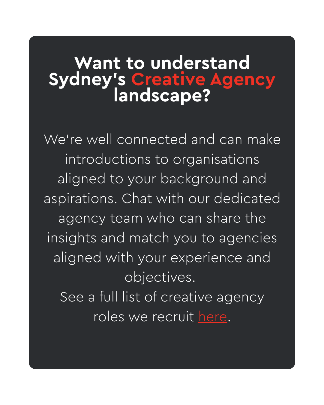 Ad for Sydney’s creative agency landscape: dark card with white and red text and a call to recruit agency partners.