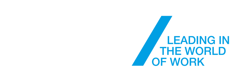 Blue logo with a diagonal bar and the words “Leading in the World of Work”