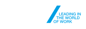 Blue logo with a diagonal bar and the words “Leading in the World of Work”