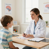 Un médico atiende a un niño en una luminosa consulta, utilizando una ficha técnica sobre una mesa.