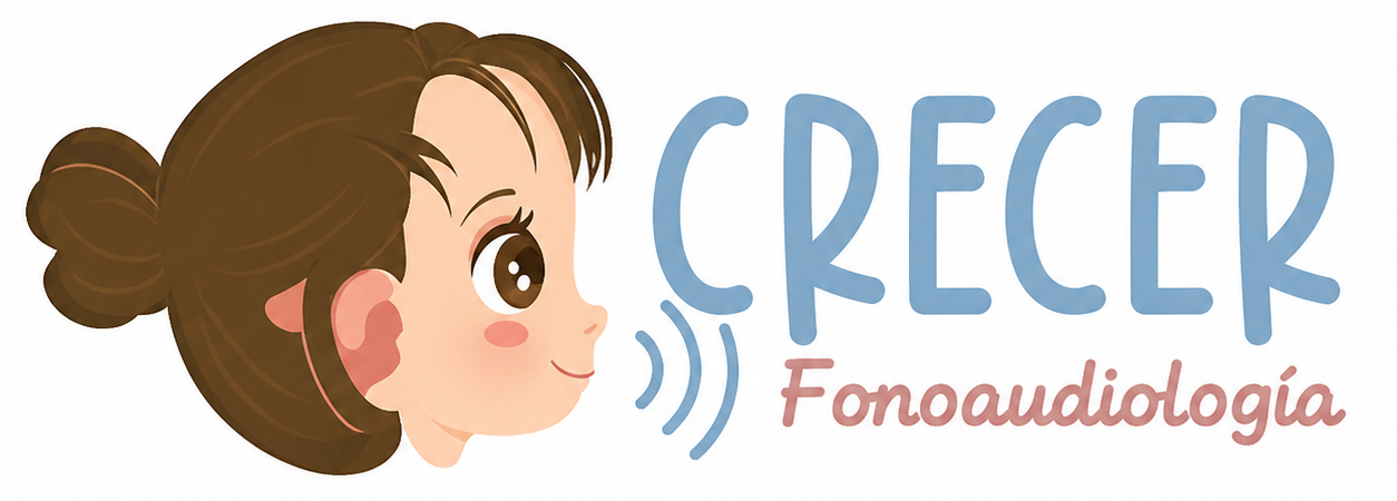 Logotipo del perfil de un niño y el texto “CRECER Fonoaudiología” en azul y rosa.