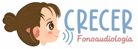 Logotipo del perfil de un niño y el texto “CRECER Fonoaudiología” en azul y rosa.