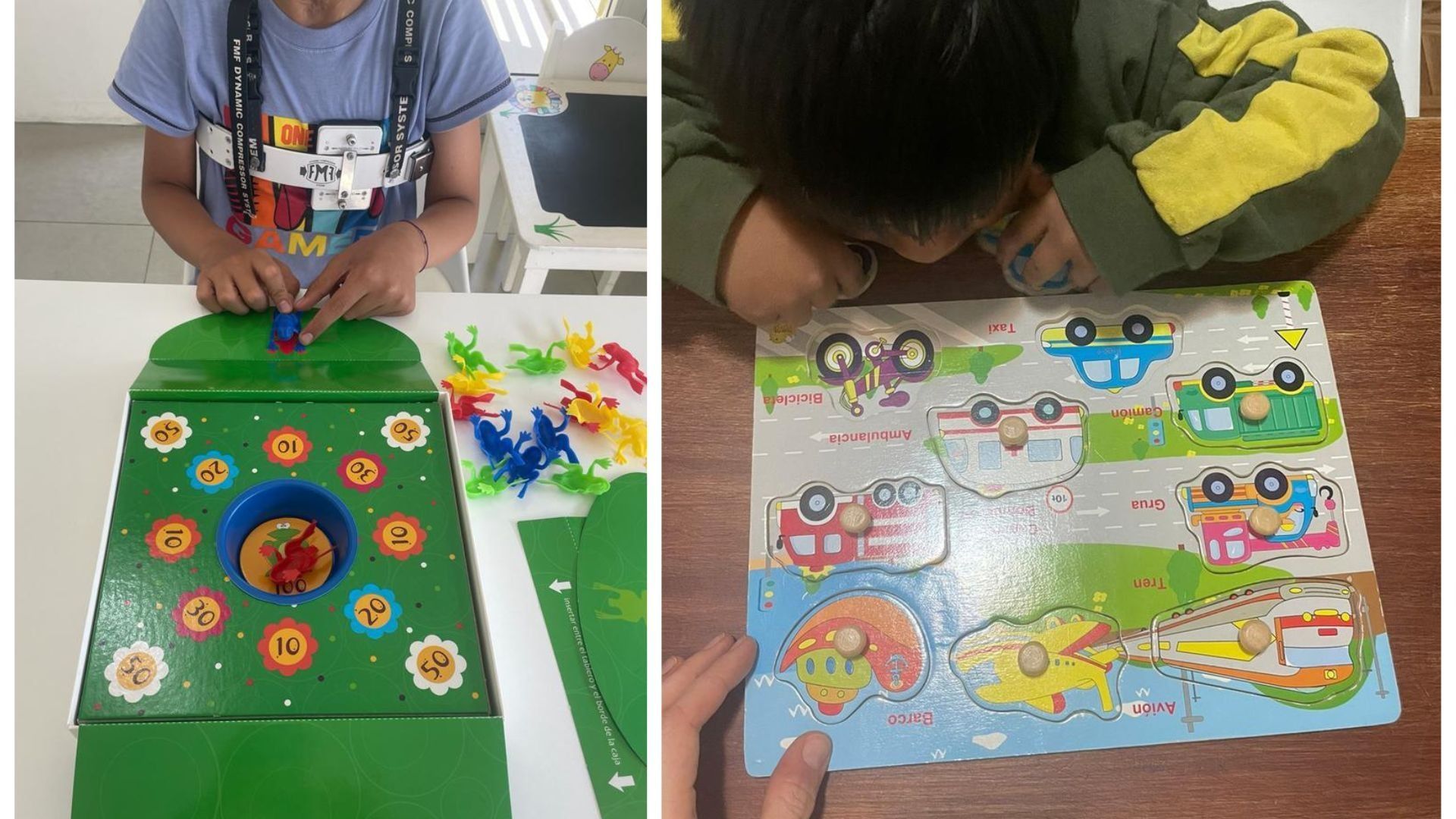 Un niño juega con un laberinto colorido y un juego de emparejar sobre una mesa en un aula.