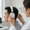 Audiólogo colocando auriculares blancos a un paciente sentado en una clínica.